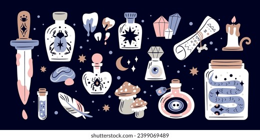 Fairy tale elements. Cartoon magic bottles with different creatures. Sword and parchment scroll. Mushrooms or beetle in vials. Witchcraft potions. Sorcerer chemistry