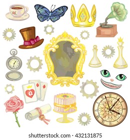 Fairy tale elements on white background. Vector illustration of wonderland objects