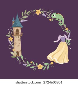 Elementos de cuento de hadas con ilustración de princesa y castillo