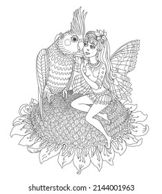 Fairy tale elf girl with butterfly wings sits on a sunflower with a cockatiel parrot bird. Coloring book page for adults and children