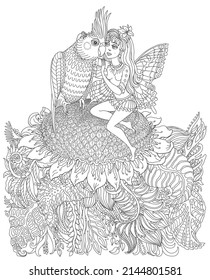 
Fairy tale elf girl with butterfly wings sits on a sunflower with a cockatiel parrot bird. Coloring book page for adults and children