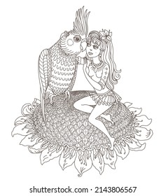 Fairy tale elf girl sits on a sunflower with a cockatiel parrot bird. Coloring book page for adults and children