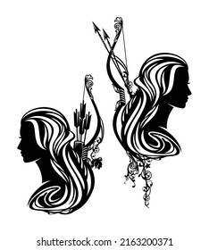 Fairy Tale Elf Woman Archer Head With Rose Flowers, Elegant Bow And Arrow Quiver Black And White Vector Silhouette Portrait