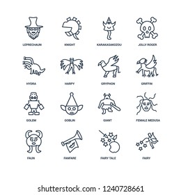 Fairy, Fairy tale, Fanfare, Faun, female Medusa, Leprechaun, Hydra, Golem, Gryphon outline vector icons from 16 set