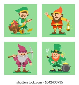 Fairy tale fantastic gnome dwarf elf character poses magical leprechaun cute fairy tale man vector illustration