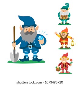 Fairy tale fantastic gnome dwarf elf character poses magical leprechaun cute fairy tale man vector illustration