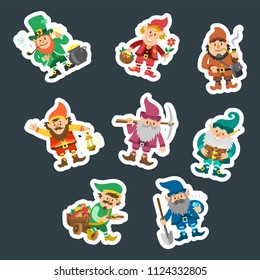 Fairy tale fantastic gnome dwarf elf character poses magical leprechaun cute fairy tale man vector illustration
