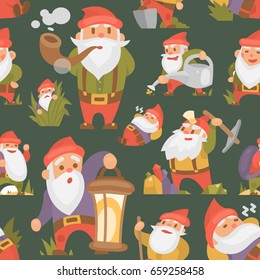 Fairy tale fantastic gnome dwarf elf character magical leprechaun cute fairy tale man vector seamless pattern background