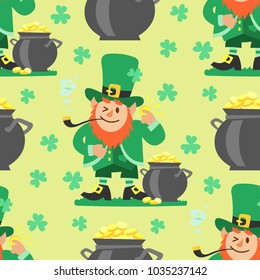 Fairy tale fantastic gnome seamless pattern background dwarf elf character poses magical leprechaun cute fairy tale man vector illustration