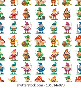 Fairy tale fantastic gnome seamless pattern background dwarf elf character poses magical leprechaun cute fairy tale man vector illustration