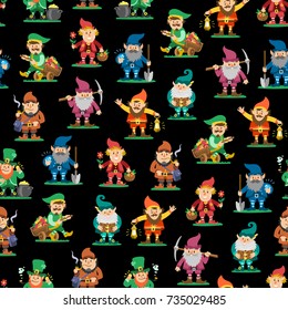 Fairy tale fantastic gnome seamless pattern background dwarf elf character poses magical leprechaun cute fairy tale man vector illustration