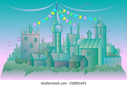 Fairy tale fantasy Castle, vector cartoon image.