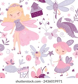 Fairy tale fantasy cute fun seamless pattern for baby girls. Vector ornamental beautiful colorful background in pink lilac colors. Fairytale repeat funny backdrop. Childish fabric pattern, wallpaper.