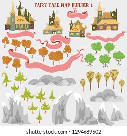 Fairy tale fantasy map builder set of Everwinter Realm and City states in colorfule vector illustrations