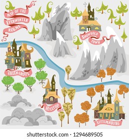 Fairy tale fantasy map builder set of Everwinter Realm and City states in colorfule vector illustrations