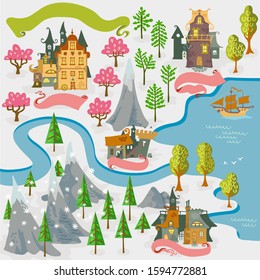 Fairy tale fantasy map builder cartography vector illustrations draw