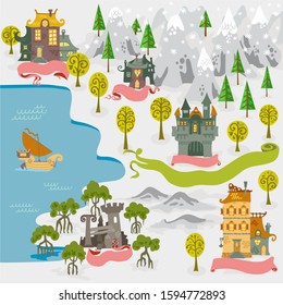 Fairy tale fantasy map builder cartography vector illustrations draw