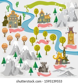 Fairy tale fantasy map builder cartography vector illustrations draw