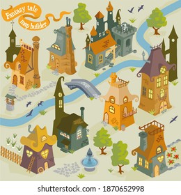 Fairy tale fantasy map colorful architecture building and landmark vector map builder illustrations