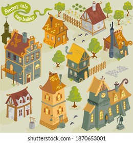 Fairy tale fantasy map colorful architecture building and landmark vector map builder illustrations
