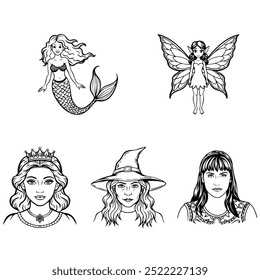 Fairy tale female characters princess, witch, female warrior, fairy and mermaid. Set of vector sketches in cartoon linear style in EPS 10 format