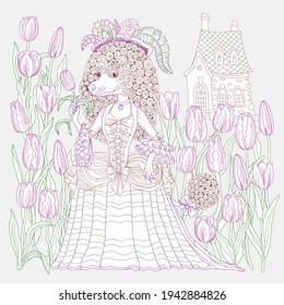 Fairy tale female poodle dog dressed in a vintage costume with tulip flowers and medieval house. Colorful contour doodle sketch. Tee-shirt print, adults and children coloring book page 