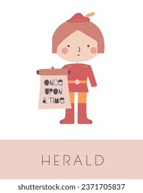 Fairy tale flashcard. Learning English words for kids. Cute hand drawn doodle educational card with herald. Preschool learning material