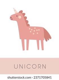 Fairy tale flashcard. Learning English words for kids. Cute hand drawn doodle educational card with unicorn. Preschool learning material