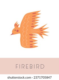 Fairy tale flashcard. Learning English words for kids. Cute hand drawn doodle educational card with firebird. Preschool learning material