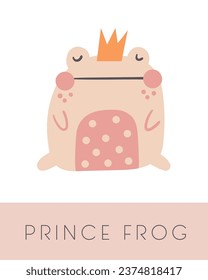 Fairy tale flashcard. Learning English words for kids. Cute hand drawn doodle educational card with prince frog. Preschool learning material