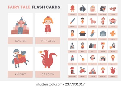 Juego de tarjetas de flash para relatos de hadas. Aprendiendo palabras en inglés para los niños. Cuto doodle dibujado a mano con castillo, príncipe, dragón, princesa, unicornio, rey, reina, sirena. Material de aprendizaje preescolar