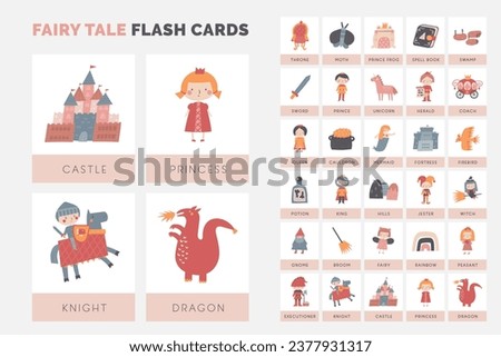 Fairy tale flashcards set. Learning English words for kids. Cute hand drawn doodle educational card with castle, prince, dragon, princess, unicorn, king, queen, mermaid. Preschool learning material