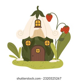 Fairy tale flower house concept. Imagination and fantasy. Sorcery and magic. Natural landscape. Poster or banner for website. Cartoon flat vector illustration isolated on white background