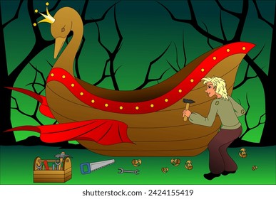 Fairy tale. Flying ship. The character is building a magic ship.