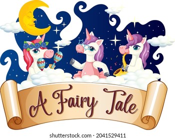 A Fairy Tale font with many unicorns cartoon character dancing on a cloud illustration