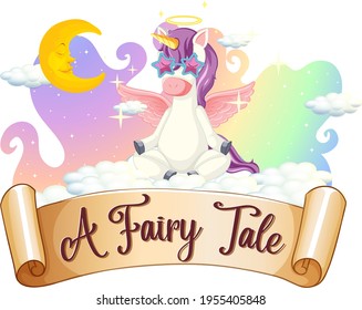 A Fairy Tale font with unicorn cartoon character sitting on a cloud illustration