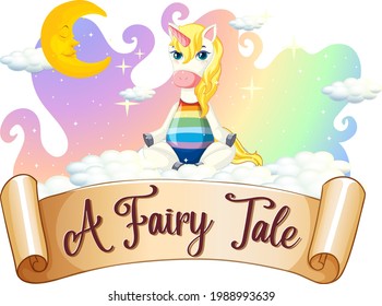 A Fairy Tale font with unicorn cartoon character sitting on a cloud illustration