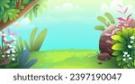 Fairy tale forest or garden background for children. Jungle horizontal wallpaper, trees and flowers on the green lawn. Hand drawn nature vector illustration in watercolor style for kids.
