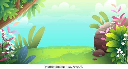 Fairy tale forest or garden background for children. Jungle horizontal wallpaper, trees and flowers on the green lawn. Hand drawn nature vector illustration in watercolor style for kids.
