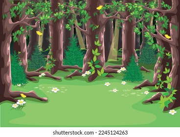 Fairy tale forest glade with big trees, blooming flowers and yellow butterflies in cartoon style. Vector illustration of a fairy tale nature.