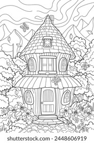 Casa de bosque de cuento de hadas. Colorear page.Scenery.Colorear libro antistress para niños y adultos. Ilustración aislada sobre fondo blanco. Estilo Zen-enrejado. Dibujo a mano