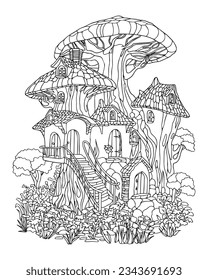 Fairy tale forest house in mushroom. Coloring page