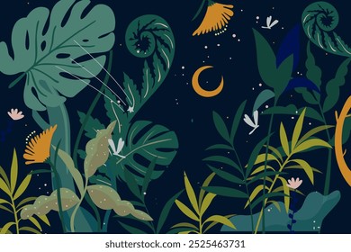 Floresta de conto de fadas ou fundo de selva para crianças livro. Selva papel de parede horizontal, árvores e flores mágicas no gramado verde. Ilustração de desenho animado de vetor de noite plana
