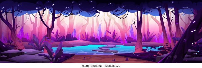 Fairy tale forest landscape with lake. Vector cartoon illustration of beautiful scenery with blue water stream surrounded by old trees, bushes and stones, neon white fireflies glowing in branches