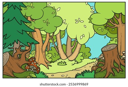 Bosque de cuento de hadas con camino a la variación de color del prado aislado sobre fondo blanco. Imagen producida sin el uso de ninguna forma de software de IA en ninguna etapa.