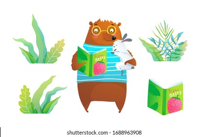 Fairy Tale forest wild animals bear and rabbit reading book, green bush and forest and separate book, clip art collection. Reading and education vector graphics for kids.