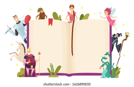 Fairy tale frame. Decorative background with fantasy characters book in cartoon style vector template