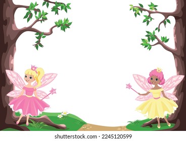 Fairy tale frame with two beautiful little fairies and princesses. Cute fairies with magic wands. Wonderland and dreamland. Vector illustration.