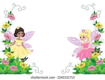 Fairy tale frame with two beautiful little fairies and princesses. Cute fairies with magic wands. Wonderland and dreamland. Vector illustration.