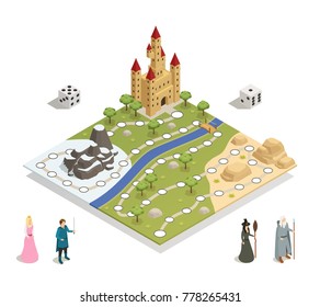 Fairy Tale Gameboard With Castle Landscape Prince Princess Witch Magician And Dice Isometric Composition Vector Illustration 